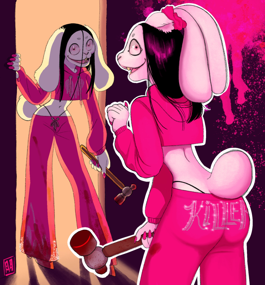 2000s_theme anthro ass black_hair blood blood_splatter bodily_fluids breadbitch420 clothed clothing creepypasta hair hammer hi_res jeff_the_killer juicy_couture lagomorph leporid looking_at_viewer male mammal rabbit sequins simple_background smile solo tools y2k_(fashion)