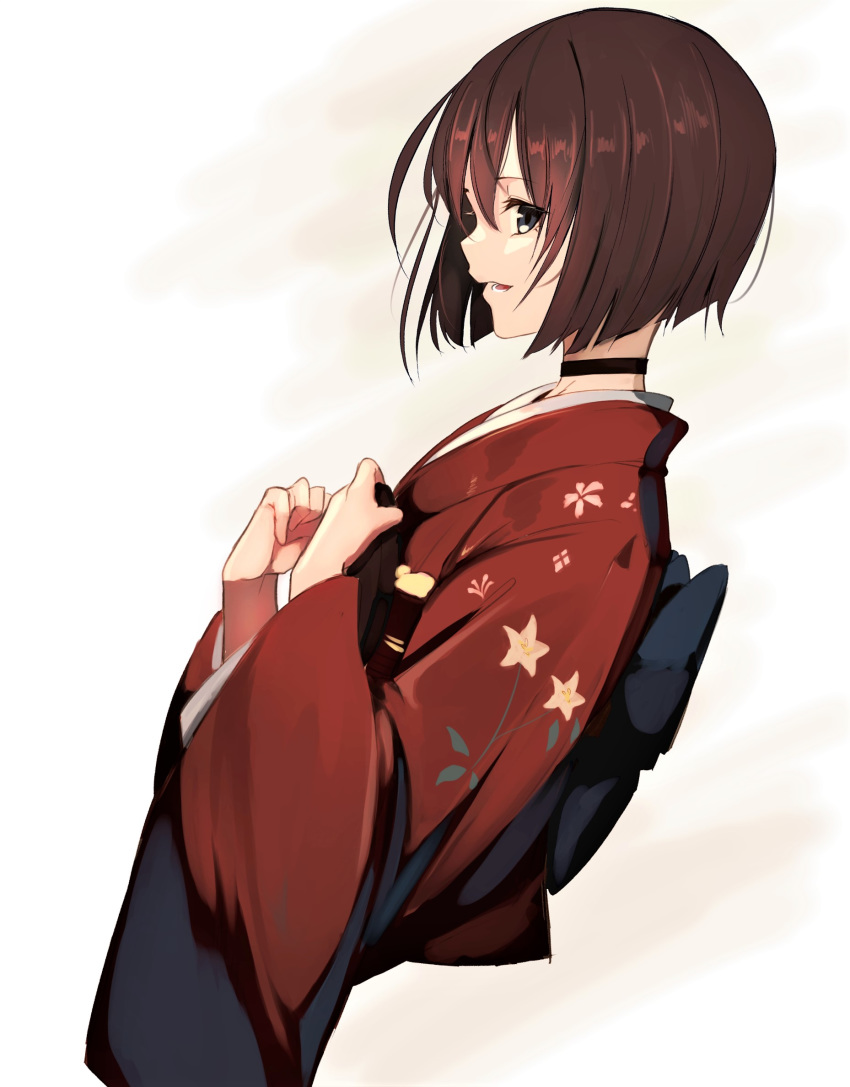 blue_eyes bob_cut brown_hair choker female floral_print from_side highres holding japanese_clothes kimono long_sleeves lumo_1121 red_kimono short_hair smile solo tactics wide_sleeves youko_(tactics)