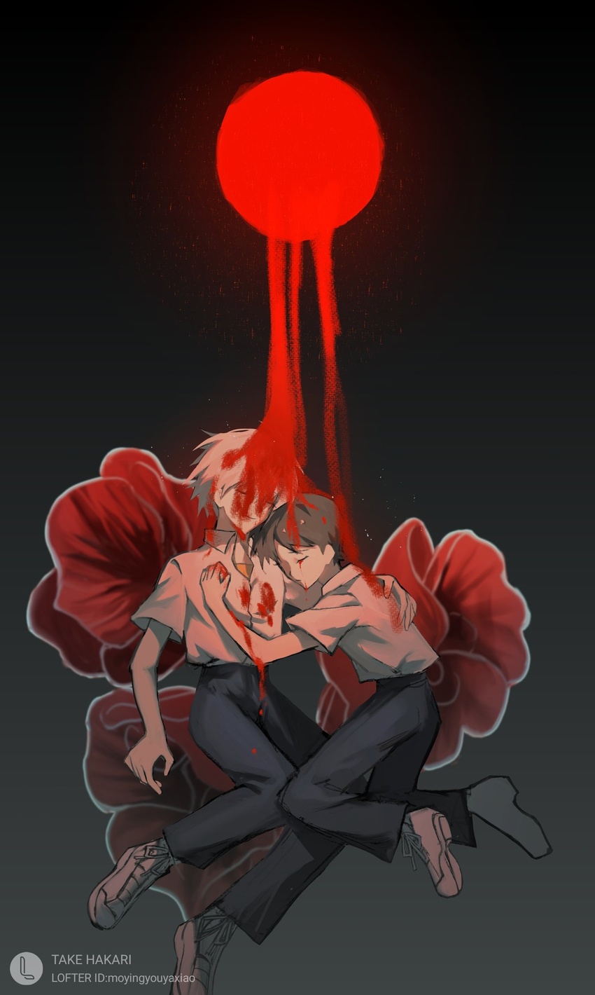 2boys black_background blood blood_drip blood_on_face blood_on_hands blue_pants brown_hair closed_eyes closed_mouth collared_shirt denim flower flower_request frown full_body gradient_background hand_on_another's_back hand_on_another's_chest highres hug ikari_shinji jeans komatsu2536 lofter_logo lofter_username male_focus multiple_boys nagisa_kaworu neon_genesis_evangelion pants red_circle red_flower shirt shoes short_hair short_sleeves smile sneakers white_footwear white_hair white_shirt yaoi