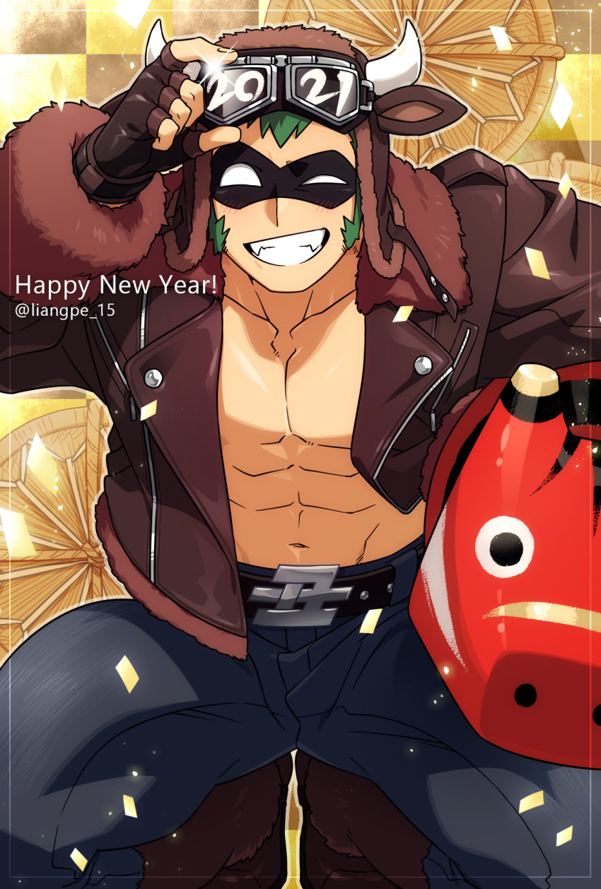 1boy 2021 abs animal_ears bara blush brown_legwear bulge chinese_zodiac cow_boy cow_ears cow_horns denim green_hair happy_new_year highres holding holding_toy horned_headwear horns jacket jeans long_sideburns looking_at_viewer male_cleavage male_focus mask muscular muscular_male navel new_year nipples open_clothes open_jacket original pants pectorals ryanpei shoes short_hair sideburns smile solo squatting stomach thick_thighs thighs toy year_of_the_ox