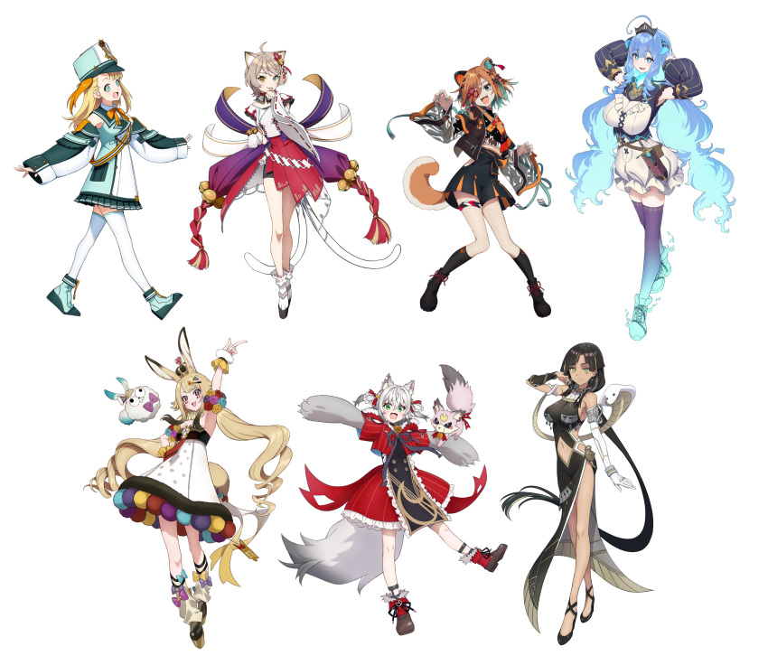 6+girls absurdres ahoge animal_ears anon_non band_uniform bike_shorts black_hair blonde_hair blue_eyes blue_fire blue_hair braided_hair_rings breasts cat_ears cat_girl cat_tail cobra_(animal) colored_inner_hair comiket_102 crown disembodied_head dog_girl dog_tail dress drill_hair drill_sidelocks dullahan fiery_hair fire forked_tail gauntlets green_eyes green_hair grey_hair hat heterochromia highres hip_vent japanese_clothes kamizuki_naki key_hair_ornament light_brown_hair lineup long_hair makicha_(sasurainopink) marching_band midriff miyoshino_shiki multicolored_hair multiple_girls nagare_sara navel nekomata one_side_up orange_hair papi_(anon_non) party_popper_hair_ornament pengin_pina penguin_girl playing_card_theme prism_project prosthetic_ear purple_eyes rabbit_ears rabbit_girl rabbit_tail red_dress rikudou_yura shako_cap short_hair sidelocks single_gauntlet snake snake_armband suzune_nia symbol-shaped_pupils tail thighhighs tiara virtual_youtuber white_snake wolf_ears wolf_girl wolf_tail x-shaped_pupils x_x yellow_eyes