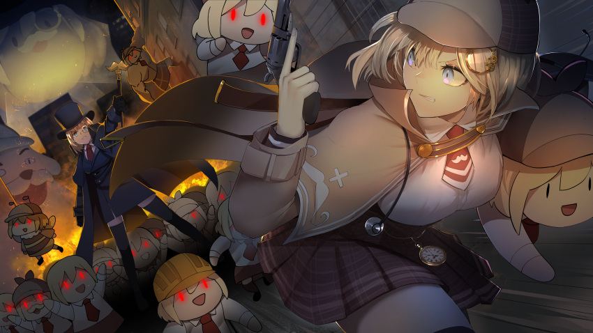 2girls absurdres bee_costume blonde_hair blue_eyes breasts bubba_(watson_amelia) cane clone commentary deerstalker english_commentary facial_hair fire glowing glowing_eyes gun hair_ornament hat highres hololive hololive_english large_breasts looking_back mcnuggies_(meme) meme monocle moustache multiple_girls multiple_persona muscular necktie parody plaid plaid_skirt pleated_skirt pocket_watch red_eyes revolver ro_g_(oowack) skirt smol_ame stethoscope style_parody thighhighs top_hat trigger_discipline virtual_youtuber walfie_(style) watch watson_amelia watson_amelia_(1st_costume) weapon zettai_ryouiki