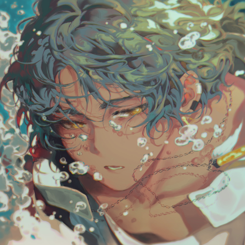 1boy arknights bishounen black_hair bubble dark-skinned_male dark_skin ear_piercing earclip english_commentary hair_between_eyes half-closed_eyes highres jewelry male_focus manjyufroth necklace parted_lips piercing portrait solo thorns_(arknights) underwater water yellow_eyes