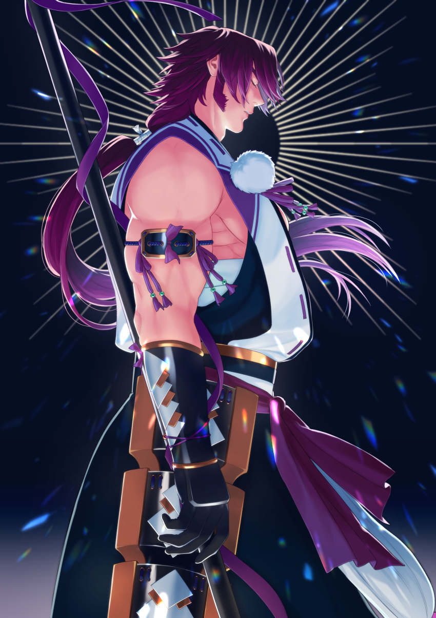 1boy absurdres bara commentary_request gloves hakama hakama_skirt highres japanese_clothes long_hair long_sideburns male_focus muscular muscular_male pectorals ponytail red_hair sideburns sidepec skirt solo tonbokiri tonbokiri_(touken_ranbu) touken_ranbu weapon yuzuki_(hmr813k)