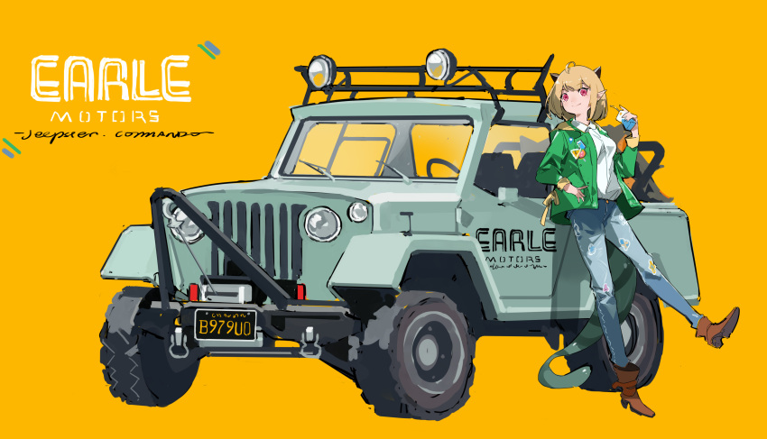 absurdres ahoge alternate_costume arknights blonde_hair boots brown_footwear car collared_shirt commentary_request denim english_text female full_body green_jacket hand_up headlight highres holding horns jacket jeans jeep_(company) jeep_wrangler juice_box leaning_against_vehicle license_plate long_sleeves looking_at_viewer motor_vehicle open_clothes open_jacket pants pointy_ears red_eyes shinnasuka025 shirt shirt_tucked_in short_hair solo standing standing_on_one_leg tail tire vanilla_(arknights) vehicle_focus wheel white_shirt windshield