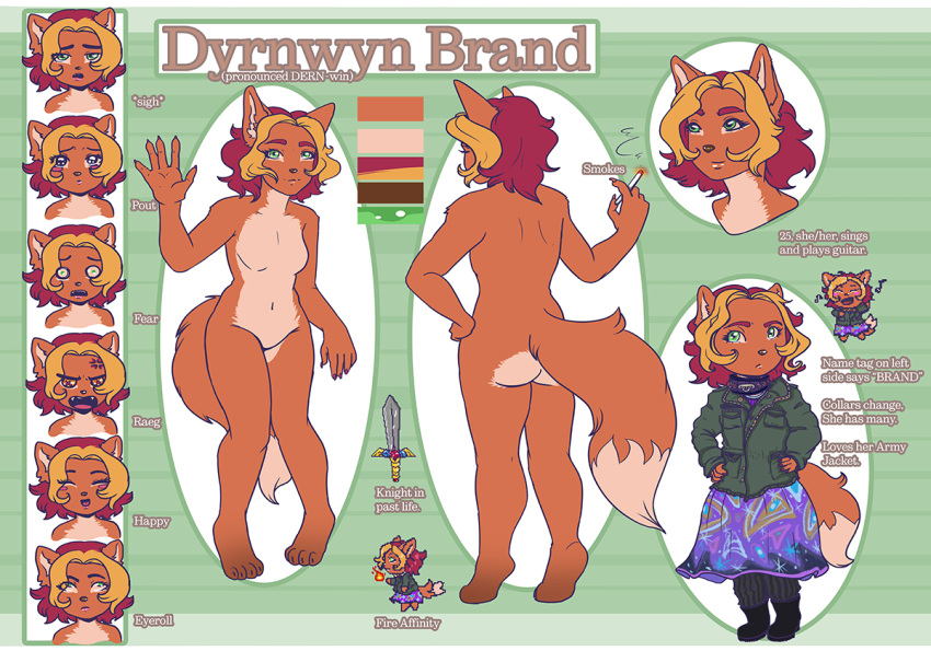 anthro ass blonde_hair burgundy_hair canid canine cigarette clothing digital_media_(artwork) dress dunnie_brand female fox fur green_eyes hair holding_cigarette holding_object letterbox mammal military_jacket model_sheet orange_body orange_fur pixel_(artwork) red_hair seasaidh solo