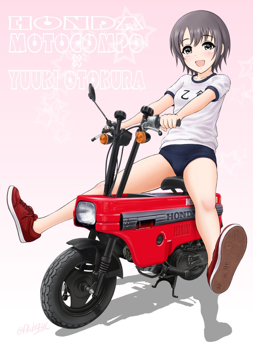 absurdres black_buruma black_eyes buruma character_name commentary english_commentary english_text female flick_(sal23) gradient_background grey_hair gym_shirt gym_uniform highres honda_motocompo idolmaster idolmaster_cinderella_girls leaning_back legs_up logo looking_at_viewer motor_vehicle motorcycle name_tag open_mouth otokura_yuuki pink_background shadow shirt short_hair short_sleeves sitting smile solo star_(symbol) starry_background t-shirt twitter_username white_shirt