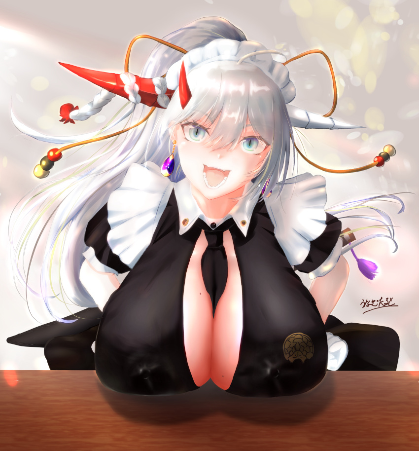 absurdres apron asymmetrical_horns azur_lane bad_id bad_pixiv_id between_breasts black_dress black_necktie breast_rest breasts breasts_on_table center_opening covered_nipples dress earrings female hair_on_horn hakuryuu_(azur_lane) hakuryuu_(slice_dice_and_serve)_(azur_lane) high_ponytail highres horns huge_breasts jewelry looking_at_viewer mismatched_horns multiple_horns necktie necktie_between_breasts official_alternate_costume puffy_short_sleeves puffy_sleeves red_horns sharp_teeth short_sleeves slit_pupils solo sword sword_behind_back teeth unamuscb upper_body weapon white_apron white_eyes white_hair white_horns