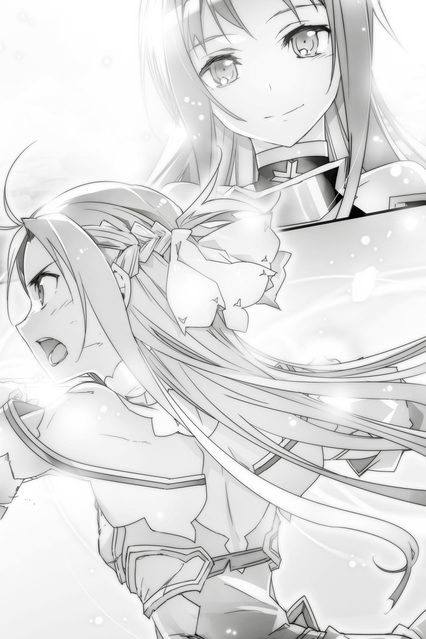 2girls asuna_(sao) asuna_(stacia) bare_shoulders braid bunbun closed_mouth detached_sleeves floating_hair greyscale hair_rollers highres holding holding_sword holding_weapon long_hair looking_at_viewer monochrome multiple_girls non-web_source novel_illustration official_art open_mouth profile radiant_light rapier shoulder_blades smile sword sword_art_online sword_art_online:_alicization sword_art_online:_alicization_-_war_of_underworld unsheathed upper_body very_long_hair weapon yuuki_(sao)