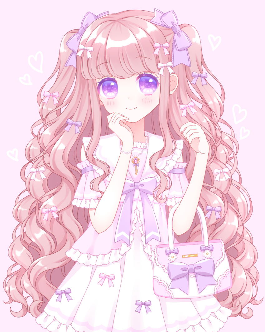 bag blush bow bracelet brown_hair closed_mouth commentary_request curly_hair dress female frilled_dress frilled_sailor_collar frills hairbow handbag hands_up heart heart_background highres himetsuki_luna jewelry long_hair necklace original pearl_bracelet pearl_necklace pink_bow pleated_dress purple_background purple_bow purple_eyes sailor_collar sailor_dress simple_background smile solo two_side_up very_long_hair white_dress white_sailor_collar