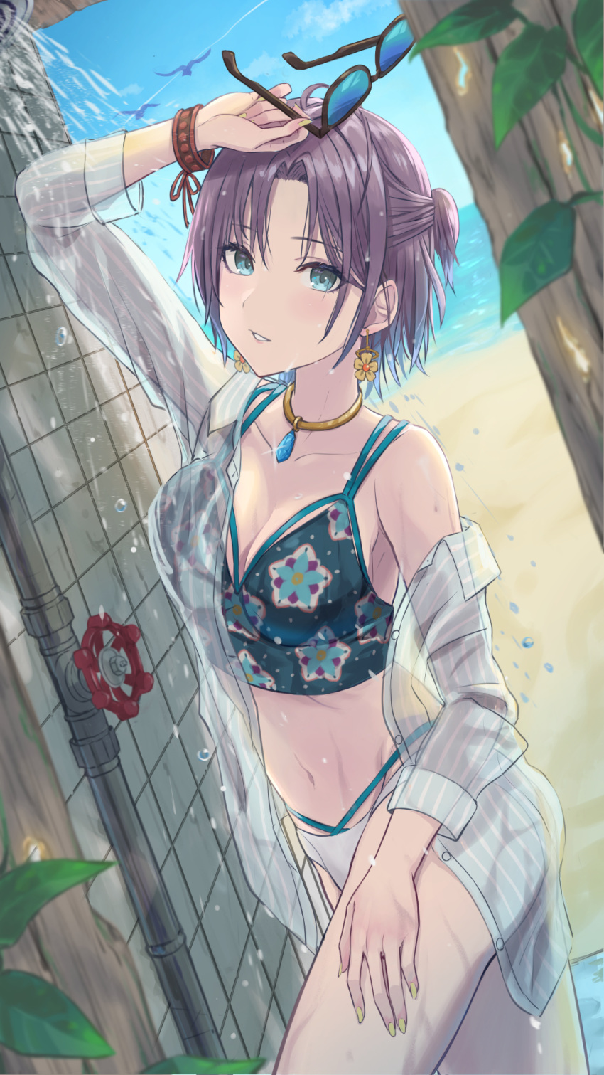 ahoge asakura_toru bikini bikini_under_clothes bird blue_eyes blue_hair breasts brown_hair earrings enporion female gradient_hair highres holding holding_removed_eyewear idolmaster idolmaster_shiny_colors jewelry multicolored_hair navel necklace open_clothes open_shirt outdoors parted_lips seagull short_hair shower_(place) shower_head showering small_breasts solo sunglasses swimsuit tied_hair unworn_eyewear