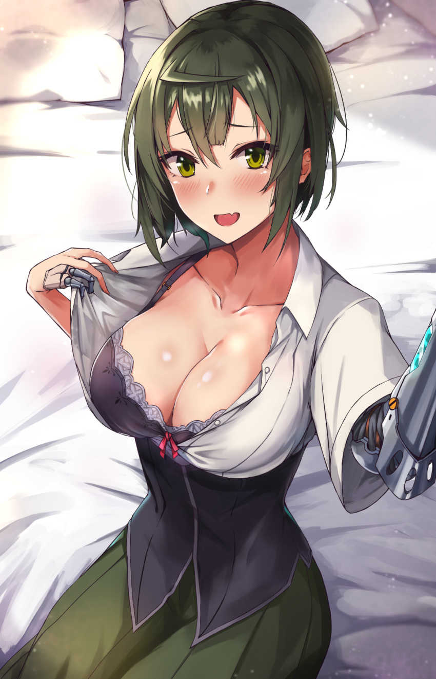 bed bed_sheet black_bra blush bra breasts cleavage collarbone collared_shirt commentary_request cyborg dress_shirt female green_eyes green_hair green_skirt hasumushi highres large_breasts looking_at_viewer oerba_yun_fang on_bed original pillow prosthesis prosthetic_arm prosthetic_fingers shirt short_hair short_sleeves sitting skin_fang skirt solo unbuttoned unbuttoned_shirt underwear undressing white_shirt