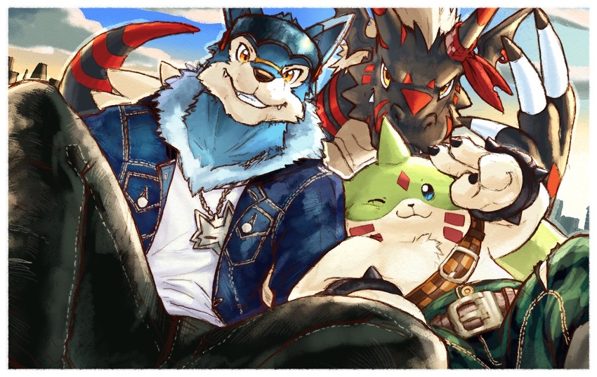 ;) alternate_costume belt black_pants blackgrowmon blue_eyes blue_jacket border brown_belt chain_necklace chains closed_mouth commentary denim denim_jacket digimon digimon_(creature) english_commentary fangs fur_collar furry galgomon green_pants grin happy horns jacket jewelry looking_at_viewer machgaogamon necklace one_eye_closed only_jerry open_clothes open_jacket orange_eyes pants shirt single_horn smile teeth v white_border white_shirt