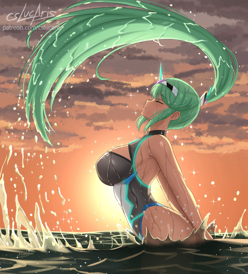 armpit_crease artist_name breasts cleavage_cutout closed_eyes clothing_cutout commentary cslucaris english_commentary female from_side green_hair hair_ornament highres large_breasts long_hair ocean one-piece_swimsuit outdoors patreon_username pneuma_(xenoblade) ponytail profile sidelocks signature solo sunset swimsuit thighs wading water water_drop wet wet_clothes wet_hair whipping_hair xenoblade_chronicles_(series) xenoblade_chronicles_2