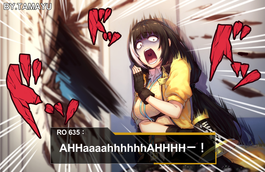 black_hair breasts commentary constricted_pupils emphasis_lines english_text female fingerless_gloves girls'_frontline gloves here's_johnny!_(meme) heterochromia highres holding holding_megaphone jacket large_breasts long_hair megaphone meme motion_blur multicolored_hair open_mouth orange_eyes parody ro635_(girls'_frontline) scared short_sleeves solo spasm streaked_hair surprised tama_yu teeth the_shining turn_pale two-tone_hair white_hair yellow_eyes yellow_jacket