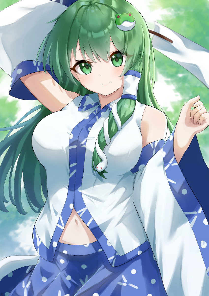 absurdres aftamc arm_up bare_shoulders blue_skirt blush breasts clenched_hand collared_shirt cowboy_shot detached_sleeves female frog_hair_ornament green_eyes green_hair hair_between_eyes hair_ornament hair_tubes hands_up happy highres kochiya_sanae large_breasts long_hair looking_at_viewer midriff midriff_peek navel nontraditional_miko outdoors partially_unzipped shirt skirt smile snake_hair_ornament solo touhou white_shirt wide_sleeves