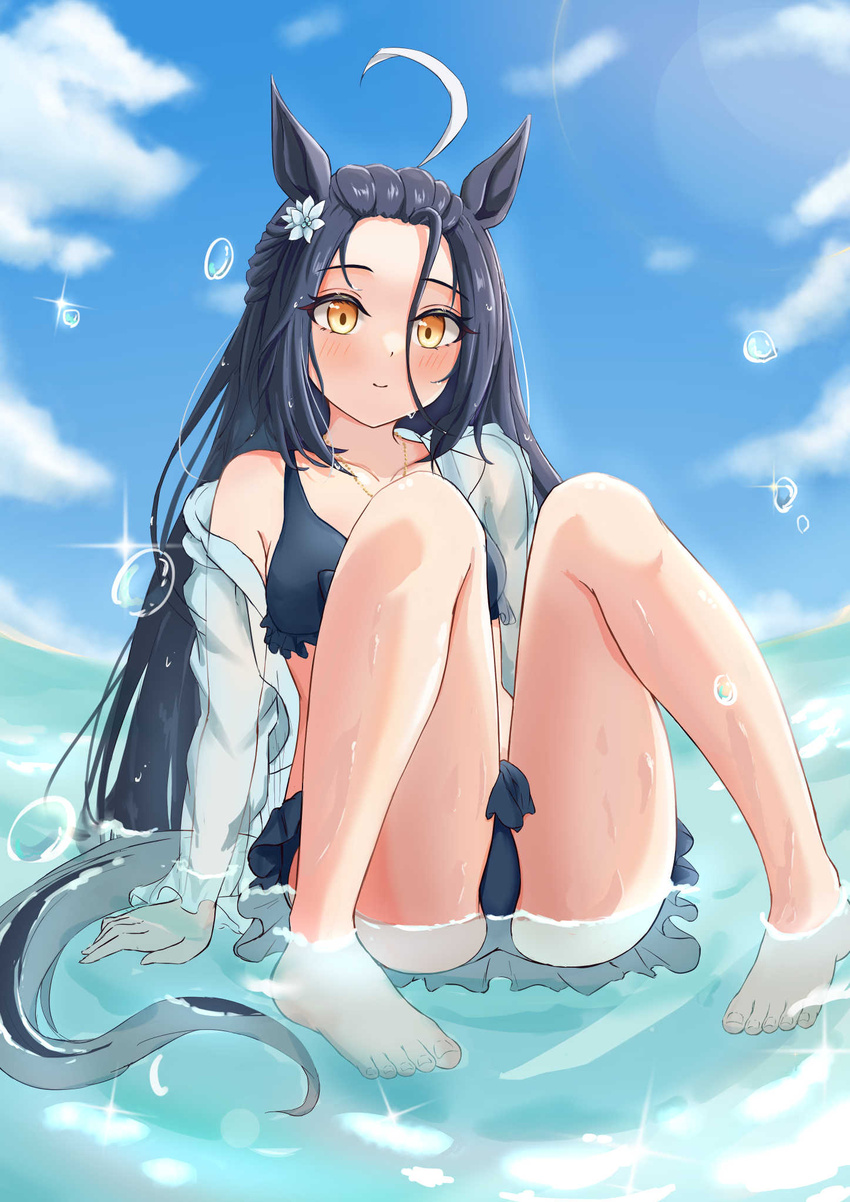 ahoge animal_ears barefoot bikini black_bikini black_hair blue_sky breasts closed_mouth cloud collarbone commentary_request day feet female flower frilled_bikini frills hair_flower hair_ornament highres hojichabu horse_ears horse_girl horse_tail knees_up legs lens_flare long_hair long_sleeves looking_at_viewer loose_hair_strand manhattan_cafe_(the_bubbles_that_i_see_with_you)_(umamusume) manhattan_cafe_(umamusume) ocean off_shoulder official_alternate_costume official_alternate_hairstyle outdoors partially_submerged see-through sitting sky small_breasts smile solo summer swimsuit swimsuit_cover-up tail thighhighs toenails toes umamusume water wet white_flower yellow_eyes