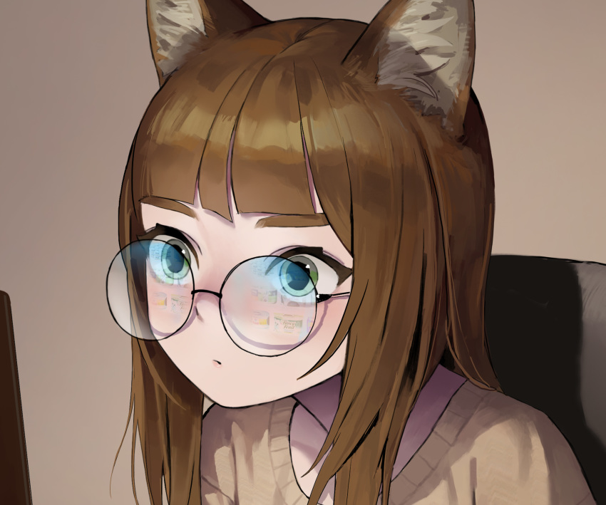 animal_ear_fluff animal_ears bad_id bad_twitter_id blunt_bangs brown_hair brown_sweater cat_ears closed_mouth commentary derivative_work dongho_kang english_commentary female glasses green_eyes highres long_hair looking_at_screen original photo-referenced reflection rimless_eyewear round_eyewear solo sweater upper_body