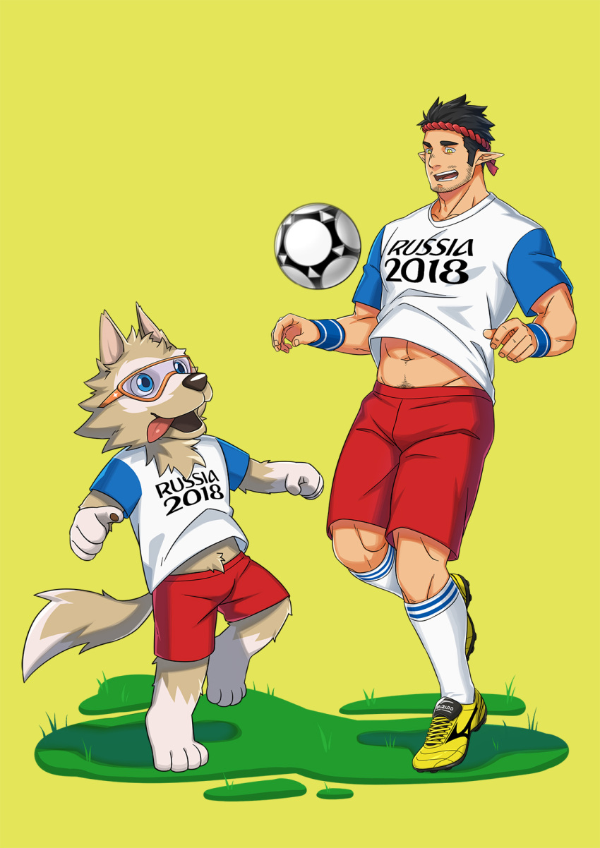 2018_fifa_world_cup 2boys bara black_hair commentary_request dog_boy facial_hair full_body furry furry_male goggles highres koji_(wildlhz) male_focus mature_male multiple_boys muscular muscular_male open_mouth original pointy_ears short_hair smile spiked_hair stubble world_cup yellow_eyes zabivaka