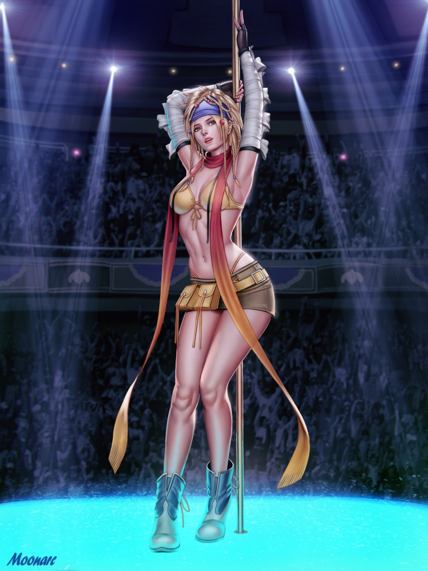 armpits arms_up artist_name audia_pahlevi bandana blonde_hair boots bra breasts crowd female final_fantasy final_fantasy_x final_fantasy_x-2 full_body gauntlets green_eyes hair_ornament highres long_hair miniskirt neon_lights pole pole_dancing pouch rikku_(ff10) scarf skirt solo stripper_pole underwear yellow_bra