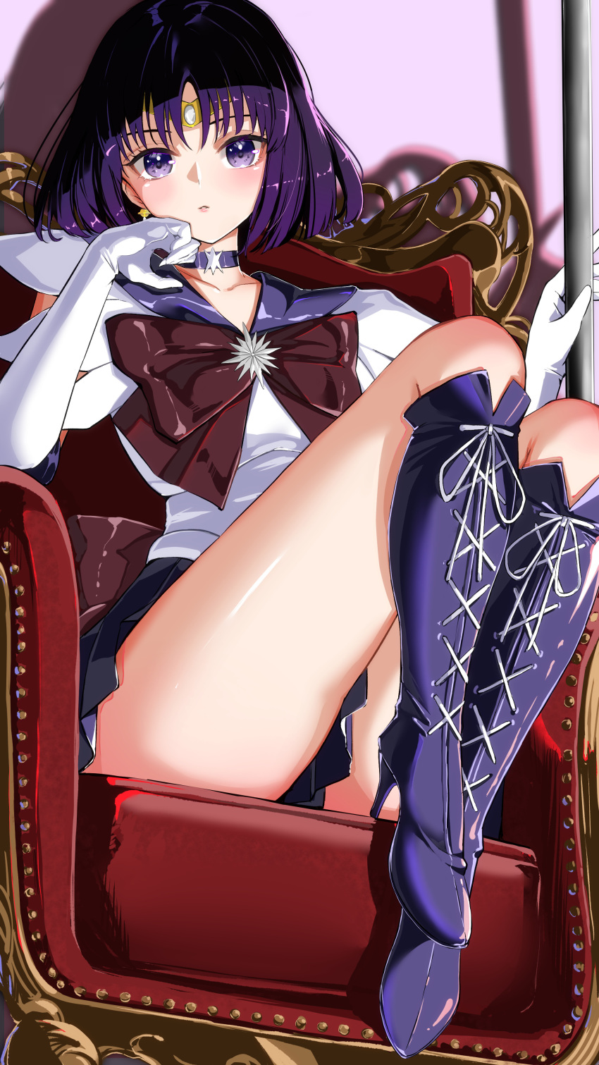 absurdres bishoujo_senshi_sailor_moon blush boots bow brooch choker circlet commentary_request commission earrings elbow_gloves female gloves hand_on_own_face hands_up high_heel_boots high_heels highres jewelry knee_boots legs leotard looking_at_viewer magical_girl marumai miniskirt no_socks open_mouth partial_commentary pixiv_commission purple_choker purple_eyes purple_footwear purple_hair purple_sailor_collar sailor_collar sailor_saturn sailor_senshi_uniform shiny_skin short_hair sitting skin_tight skirt solo star_(symbol) star_brooch star_choker thighs tomoe_hotaru white_gloves white_leotard wing_collar