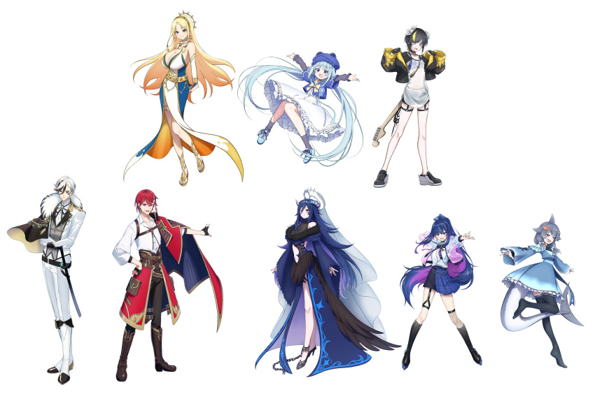 2boys 6+girls absurdres ahoge akane_jun amami_ami android black_hair black_shorts blonde_hair blue_eyes blue_hair bodice breasts broken_horn capelet clothing_cutout comiket_102 dress fingerless_gloves fins fish_tail flat_chest frog_girl frog_hat fur_choker fur_trim gloves green_eyes halter_dress halterneck highres horns jacket kitashiro_yuki large_breasts light_blue_hair makicha_(sasurainopink) mako_sameshima multiple_boys multiple_girls nana_asteria navel_cutout orange_eyes oumiya_emma pirate prism_project red_eyes red_hair see-through see-through_shirt shark_girl shark_tail shikami_lana shirt shorts single_horn sleeveless sleeveless_dress tail thigh_strap thighhighs tiara tiger_boy tsubame_kou virtual_youtuber white_dress white_hair