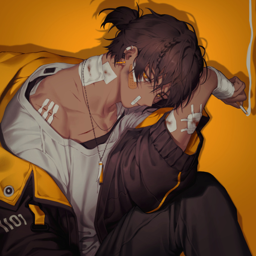 1boy absurdres arknights bandaged_arm bandages bandaid bandaid_on_cheek bandaid_on_face bandaid_on_nose bishounen black_hair black_jacket black_pants braid cigarette closed_mouth cuts dark-skinned_male dark_skin english_commentary grey_shirt hair_between_eyes highres holding holding_cigarette injury jacket jewelry looking_at_viewer male_focus manjyufroth necklace open_clothes open_jacket orange_background orange_eyes pants ponytail shirt short_ponytail side_braid simple_background smoke smoking solo thorns_(arknights) upper_body