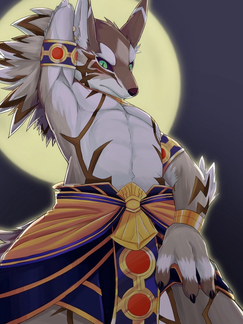 anthro athletic athletic_anthro athletic_male bracelet canid canine canis claws clothing egyptian egyptian_clothing fur gold_(metal) gold_jewelry green_eyes grey_body grey_fur hi_res jackal jewelry lifewonders male mammal nukumorigakari pecs raised_arm seth_(tas) solo tokyo_afterschool_summoners