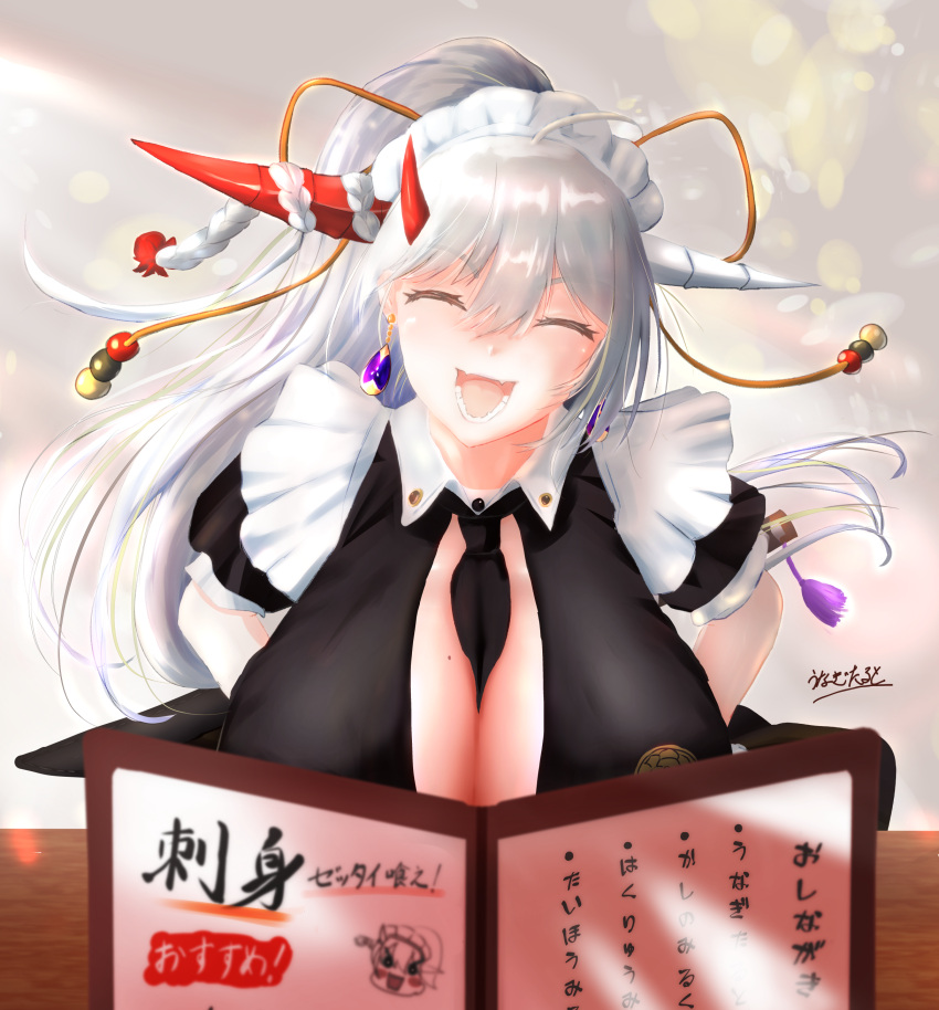 absurdres apron asymmetrical_horns azur_lane bad_id bad_pixiv_id between_breasts black_dress black_necktie breast_rest breasts breasts_on_table center_opening closed_eyes dress earrings facing_viewer female hair_on_horn hakuryuu_(azur_lane) hakuryuu_(slice_dice_and_serve)_(azur_lane) high_ponytail highres horns huge_breasts jewelry menu mismatched_horns multiple_horns necktie necktie_between_breasts official_alternate_costume puffy_short_sleeves puffy_sleeves red_horns sharp_teeth short_sleeves solo sword sword_behind_back teeth unamuscb upper_body weapon white_apron white_hair white_horns