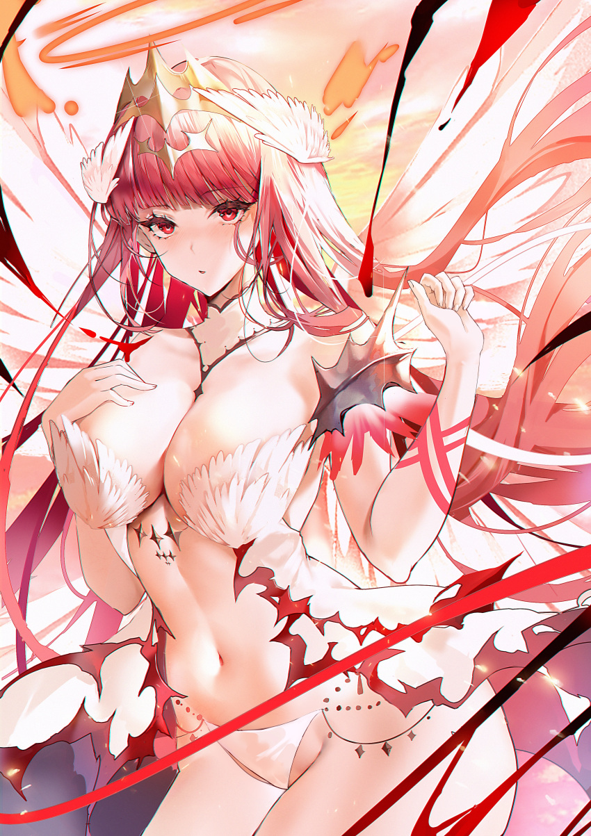 absurdres angel_wings blunt_bangs blush chromatic_aberration circlet cowboy_shot feathered_wings female floating_hair hand_up head_wings highres long_hair looking_at_viewer millennium_tour navel negligee panties parted_lips red_eyes red_hair red_sky sinkou sky solo stomach underwear very_long_hair white_negligee white_panties white_wings wings xiongshouji