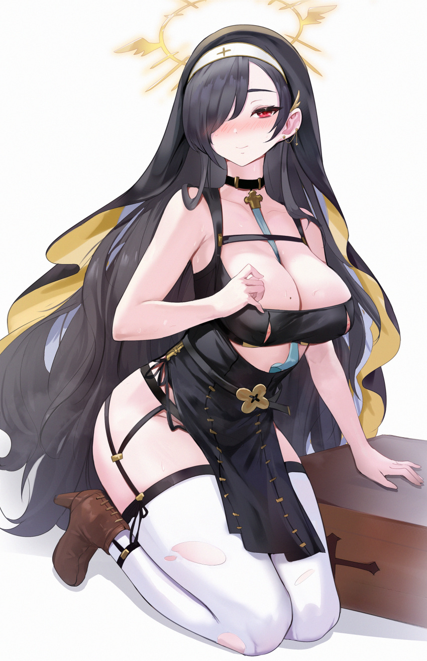 absurdres bare_arms between_breasts black_choker black_hair black_shirt blue_archive blush box breasts brown_footwear cbmus choker cleavage closed_mouth crop_top earrings female full_body garter_straps habit hair_over_one_eye hairband halo high_heels highres hinata_(blue_archive) jewelry kneeling large_breasts long_hair looking_at_viewer mole mole_on_breast nipple_cutout nipples nun pelvic_curtain red_eyes shirt simple_background smile solo sweat thighhighs thighs torn_clothes torn_thighhighs veil very_long_hair white_background white_thighhighs