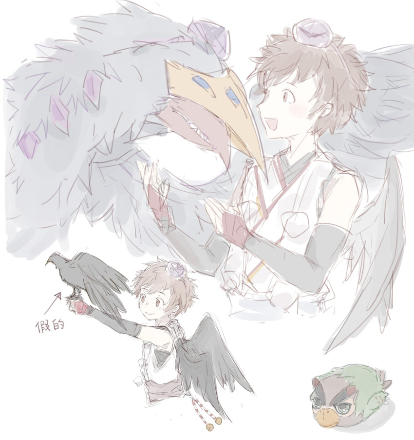 anthro avian bandai_namco beak bird black_body black_feathers brown_hair clothing digimon digimon_(species) digimon_survive duo falcomon falcomon_(survive) feathers feral hair hat headgear headwear hi_res human male mammal mask minoru_hyuga onmyouji text translated wings yatagaramon ybhk77