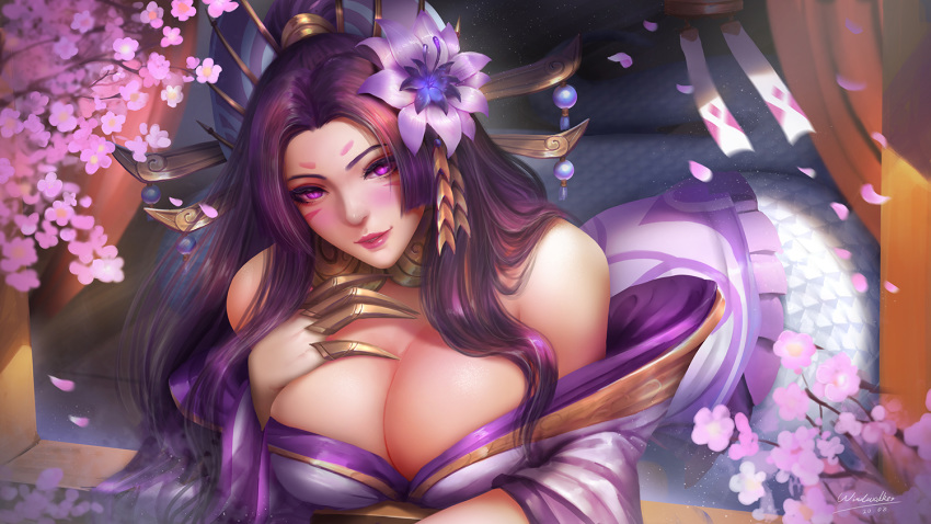 1girls alternate_costume big_breasts breasts cassiopeia_du_couteau cleavage female female_only large_breasts league_of_legends looking_at_viewer solo spirit_blossom_cassiopeia spirit_blossom_series windwalker