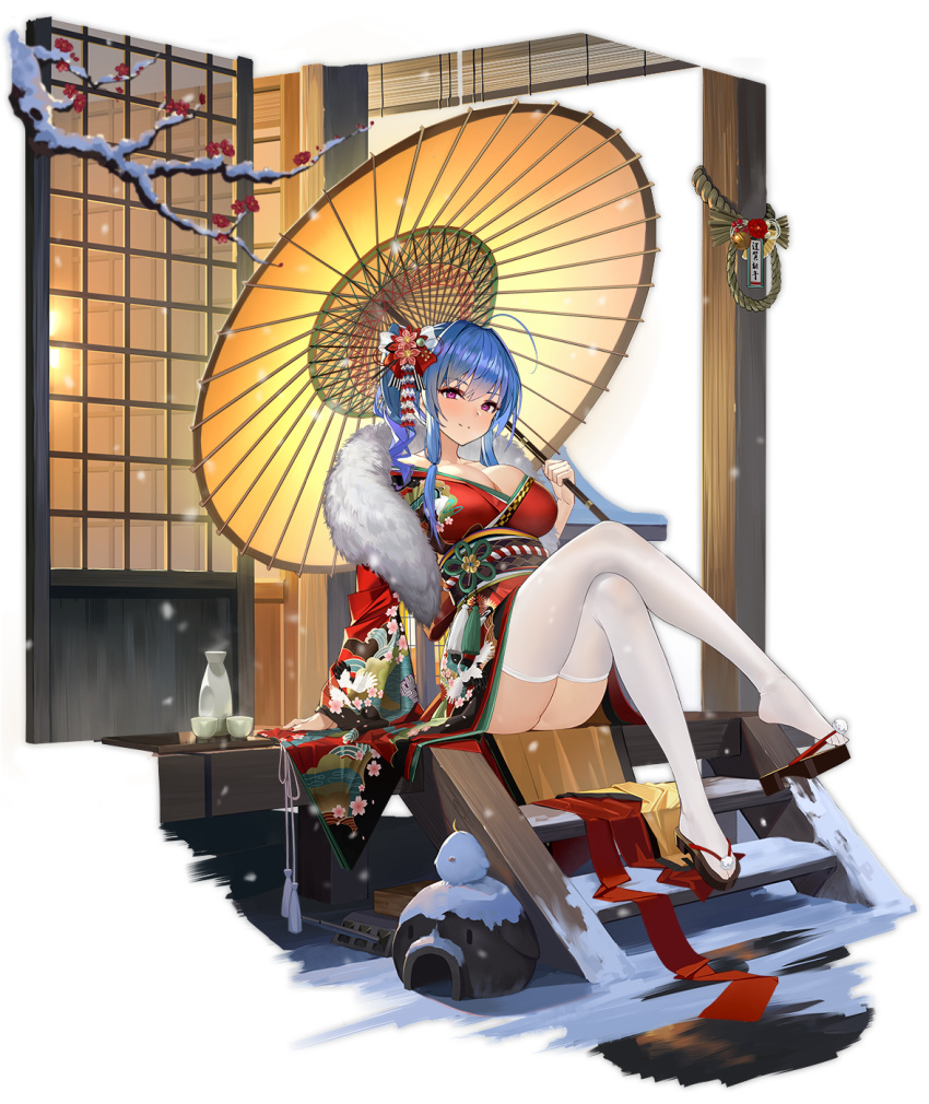 ahoge arm_support ass azur_lane blue_hair blush bottle breasts choko_(cup) cleavage closed_mouth crossed_legs cup female flower full_body fur_collar hair_flower hair_ornament highres holding holding_umbrella japanese_clothes kimono large_breasts long_hair looking_at_viewer obi official_alternate_costume official_art oil-paper_umbrella purple_eyes red_kimono sake_bottle sandals sash shoe_dangle sidelocks sitting smile snow snowing solo st._louis_(azur_lane) st._louis_(spirits_in_the_snow)_(azur_lane) tabi tassel thighhighs thighs tokkuri transparent_background umbrella white_thighhighs wide_sleeves yunsang