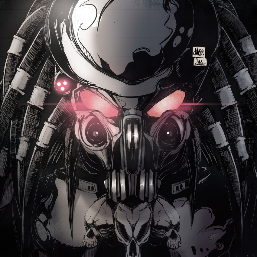 alien_(series) alien_vs._predator armor celtic_(predator) commentary_request dreadlocks glowing glowing_eyes helmet jewelry jinbei laser_sight necklace no_humans predator_(1987) predator_(character) predator_(series) red_eyes skull_necklace solo