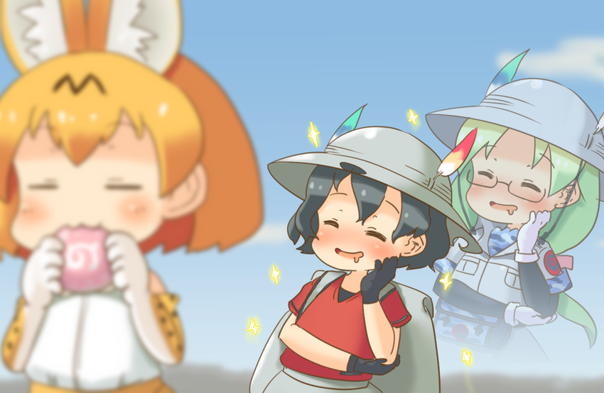 3girls :3 =_= animal_ears backpack bad_id bad_pixiv_id bag black_gloves black_hair blonde_hair blurry camouflage_trim closed_eyes commentary_request depth_of_field drooling eating elbow_gloves food glasses gloves green_hair grey_headwear hat hat_feather helmet japari_bun kaban_(kemono_friends) kemono_friends long_hair mirai_(kemono_friends) mouth_drool multiple_girls no_nose pith_helmet pozesuke serval_(kemono_friends) serval_print short_hair short_sleeves sparkle white_gloves