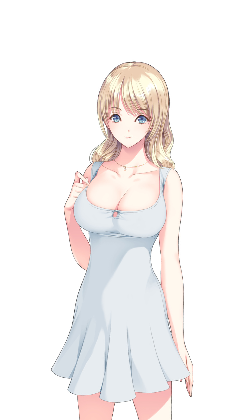 blonde_hair blue_eyes breasts cleavage collarbone cowboy_shot female highres ichikawa_saasha jewelry jounoin_kaho large_breasts long_hair looking_at_viewer necklace neyuki_no_gen'ei nightgown smile solo swept_bangs transparent_background