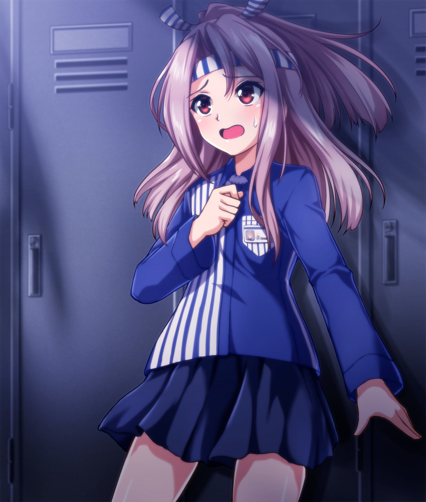 blue_skirt brown_eyes commentary_request employee_uniform female hachimaki headband high_ponytail highres kantai_collection lawson light_brown_hair locker locker_room long_hair name_tag open_mouth pleated_skirt ponytail shirt skirt solo striped_clothes striped_shirt sweatdrop uniform vertical-striped_clothes vertical-striped_shirt zanntetu zuihou_(kancolle) zuihou_(lawson)_(kancolle)