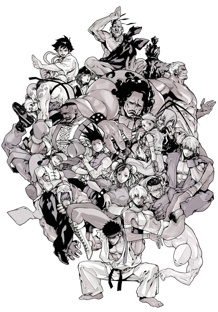 6+boys 6+girls abs akuma_(street_fighter) alex_(street_fighter) armlet bandana barefoot baseball_cap bikini black_sclera boxing_gloves bracelet breasts bridal_gauntlets brothers bun_cover capcom china_dress chinese_clothes choker chun-li clenched_hand colored_sclera commentary_request couple crossed_arms cup dark_skin double_bun dougi dress dudley effie_(street_fighter) elena_(street_fighter) everyone facial_hair fighting_stance fingerless_gloves gill_(street_fighter) gloves hair_bun hat headband highres hip_vent hugo_andore ibuki_(street_fighter) jewelry ken_masters lifting_person makoto_(street_fighter) medium_breasts monochrome moustache multiple_boys multiple_girls muscular neck_ring necro_(street_fighter) ninja overalls pantyhose peaked_cap pectorals poison_(final_fight) q_(street_fighter) ryu_(street_fighter) sash saucer scar sean_matsuda siblings sleeveless straight street_fighter street_fighter_iii_(series) strong swimsuit tangzhuang tank_top tattoo teacup twelve twins twintails underboob undercut urien very_dark_skin yang_lee yoshihara_motoki yun_lee