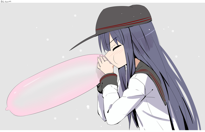 akatsuki_(kancolle) akatsuki_kai_ni_(kancolle) balloon black_hat black_sailor_collar closed_eyes commentary condom condom_balloon female flat_cap from_side grey_background hat highres kantai_collection long_hair long_sleeves purple_hair sailor_collar school_uniform serafuku solo tenrai twitter_username