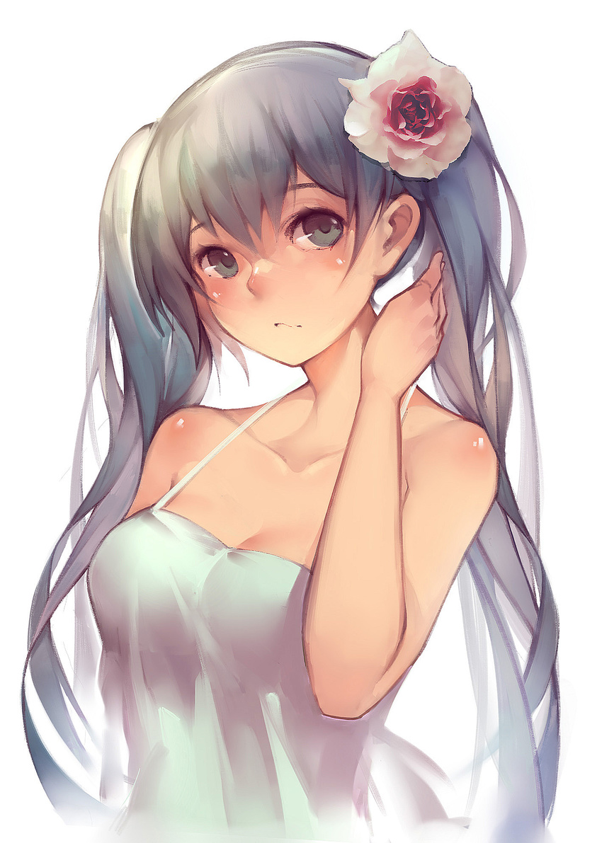 aqua_eyes aqua_hair bad_id bad_pixiv_id collarbone dress female flower hair_flower hair_ornament hatsune_miku highres long_hair looking_at_viewer photoshop_(medium) rotain solo sundress twintails upper_body vocaloid white_dress