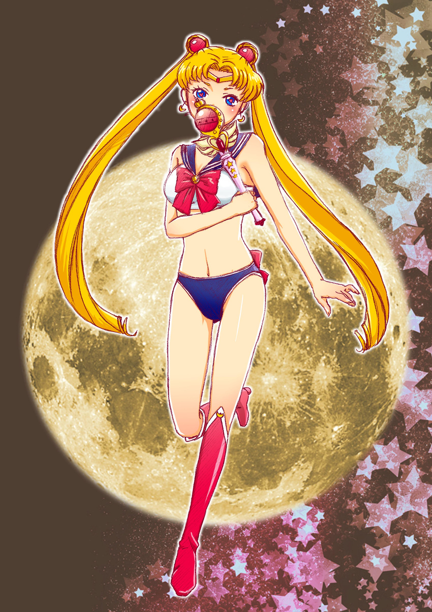 absurdres back_bow bishoujo_senshi_sailor_moon bishoujo_senshi_sailor_moon_r blonde_hair blue_eyes blue_panties blue_sailor_collar boots bow bowtie bra commentary_request covering_own_mouth cutie_moon_rod double_bun female full_body full_moon hair_bun heart heart-shaped_pupils highres holding holding_wand knee_boots long_hair magical_girl midriff moon panties photoshop_(medium) red_bow red_footwear sailor_collar sailor_moon sailor_moon_narikiri_bra_set sailor_senshi_uniform sleeveless solo standing standing_on_one_leg star_(symbol) starry_background symbol-shaped_pupils tsukino_usagi twintails underwear underwear_only wand ymks8054