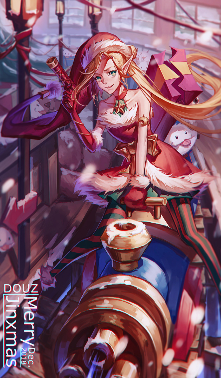 ambitious_elf_jinx blonde_hair boots bow choker christmas female gloves ground_vehicle hat jinx_(league_of_legends) league_of_legends legs lips long_hair pointy_ears ribbon santa_hat skirt thighhighs train weapon