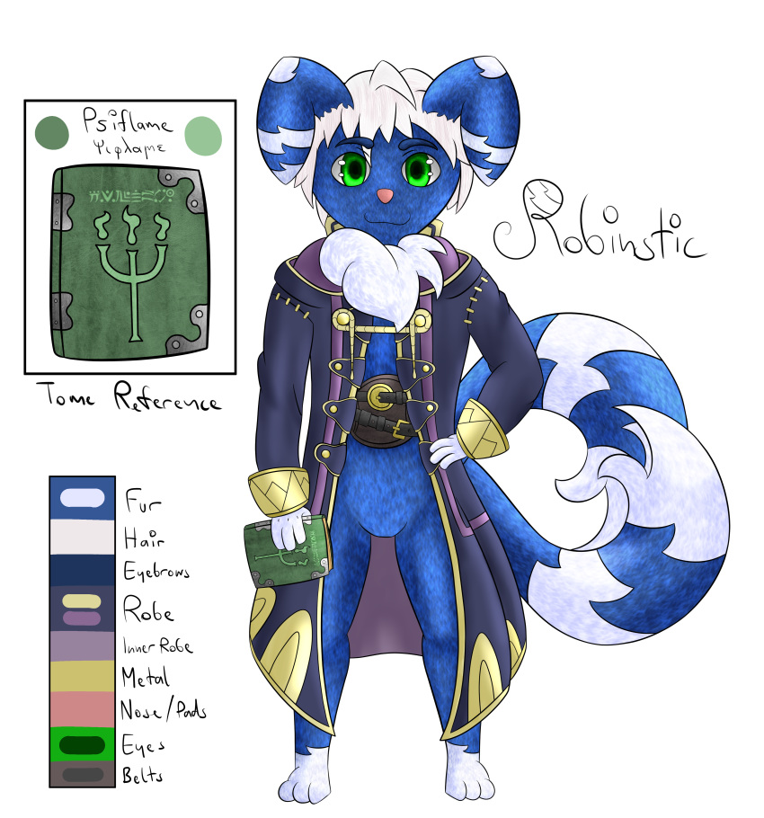 absurd_res barefoot belt biped blue_body blue_fur book bottomless chest_tuft clothed clothing coat eyebrows featureless_crotch feet felid fur generation_6_pokemon green_eyes hair hi_res male mammal meowstic model_sheet nintendo pokemon pokemon_(species) robe robinstic robinstic_(robinstic) solo standing tome topwear tuft white_body white_fur white_hair