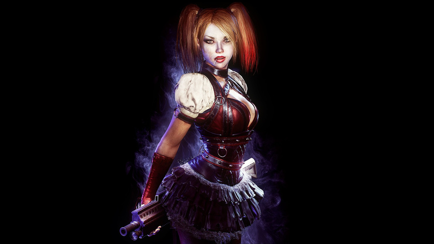 3d artist_request batman:_arkham_knight batman_(series) belt black_background breasts brown_hair candy cleavage cleavage_cutout clothing_cutout collar corset cowboy_shot dc_comics eyeliner facepaint female food grey_eyes gun harley_quinn highres holding holding_weapon lace lace-trimmed_skirt lace_trim layered_skirt lips lipstick lollipop looking_at_viewer makeup medium_breasts mouth_hold multicolored_hair o-ring o-ring_top official_art official_wallpaper open_mouth pantyhose parted_lips puffy_short_sleeves puffy_sleeves realistic red_hair red_lips rifle short_hair short_sleeves short_twintails simple_background skirt solo studded_belt twintails two-tone_hair weapon weapon_request wristband