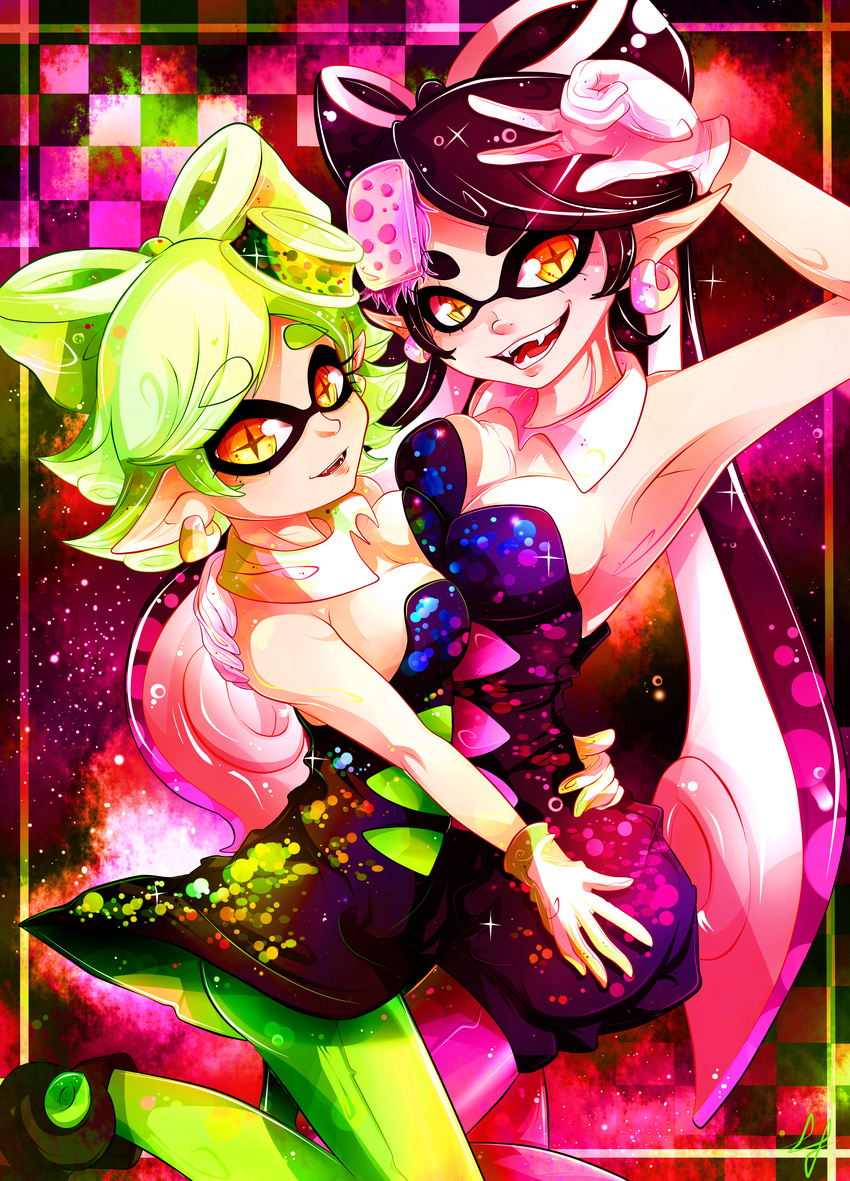 absurd_res animal_humanoid bare_shoulders callie_(splatoon) cephalopod cephalopod_humanoid clothing cousins_(lore) dress duo female hat headgear headwear hi_res humanoid humanoid_pointy_ears inkling invidiata jewelry looking_at_viewer marie_(splatoon) marine marine_humanoid mollusk mollusk_humanoid nintendo one_eye_closed open_mouth pseudo_hair sharp_teeth simple_background splatoon squid_sisters_(splatoon) suction_cup teeth tentacle tentacle_hair yellow_eyes