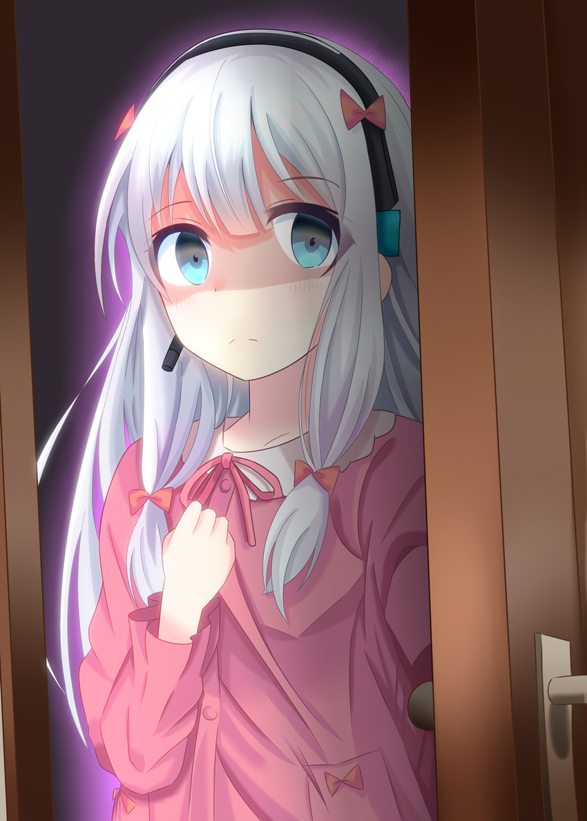 amasajithira aura blank_stare blue_eyes bow closed_mouth commentary dark door doorknob doorway empty_eyes eromanga_sensei expressionless female grey_hair hair_ribbon hairbow hand_on_own_chest hand_up headset highres indoors izumi_sagiri long_hair long_sleeves looking_at_viewer opening_door pajamas pink_bow pink_pajamas pov_doorway ribbon shaded_face solo tareme tress_ribbon upper_body white_hair