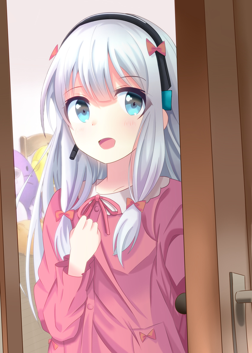 :d amasajithira bed bedroom blue_eyes bow chair commentary door doorknob doorway eromanga_sensei female grey_hair hair_ribbon hairbow hand_on_own_chest hand_up headset highres indoors izumi_sagiri long_hair long_sleeves looking_at_viewer open_mouth opening_door pajamas pink_bow pink_pajamas pov_doorway ribbon smile solo stuffed_animal stuffed_toy tareme tress_ribbon upper_body white_hair