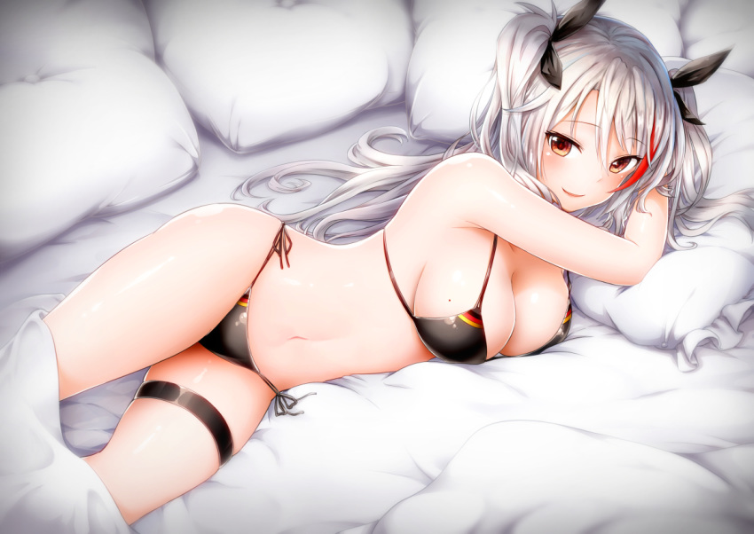 antenna_hair azur_lane bed_sheet bikini black_bikini black_ribbon blush breasts closed_mouth commentary_request contllenge cross female flag_print german_flag_bikini hair_between_eyes hair_ribbon hugging_object iron_cross large_breasts long_hair looking_at_viewer lying mole mole_on_breast multicolored_hair navel official_alternate_costume on_bed on_side partial_commentary pillow pillow_hug prinz_eugen_(azur_lane) prinz_eugen_(unfading_smile)_(azur_lane) red_hair ribbon shiny_skin side-tie_bikini_bottom sideboob skindentation smile solo stomach streaked_hair swept_bangs swimsuit thigh_strap thighs two_side_up very_long_hair white_hair