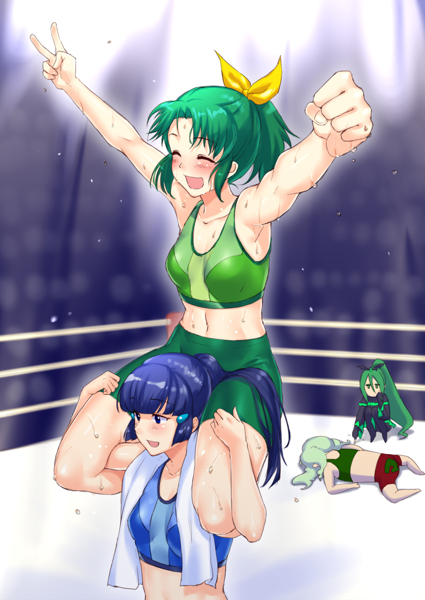 4girls :d ^_^ aoki_reika arms_up bad_end_march bad_id bad_pixiv_id bike_shorts blue_eyes blue_hair blush clenched_hand closed_eyes commentary_request dripping flying_sweatdrops green_hair green_shorts hair_ornament hair_ribbon hairclip highres long_hair majorina midorikawa_nao midriff multiple_girls navel neziiro open_mouth ponytail precure ribbon shorts smile smile_precure sweat v wrestling_ring yellow_ribbon